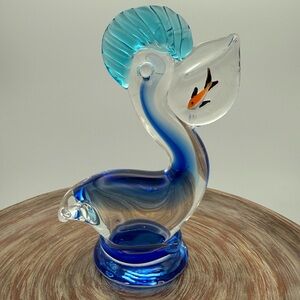 Murano Style Glass Pelican With Fish Figurine Statue 6” Blue Clear